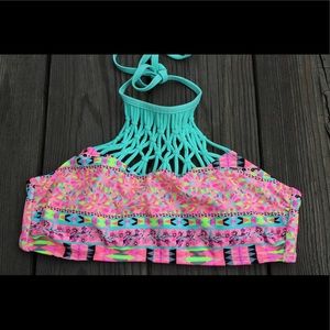 Juniors High Neck Pink & Teal Bikini Top Swimsuit
